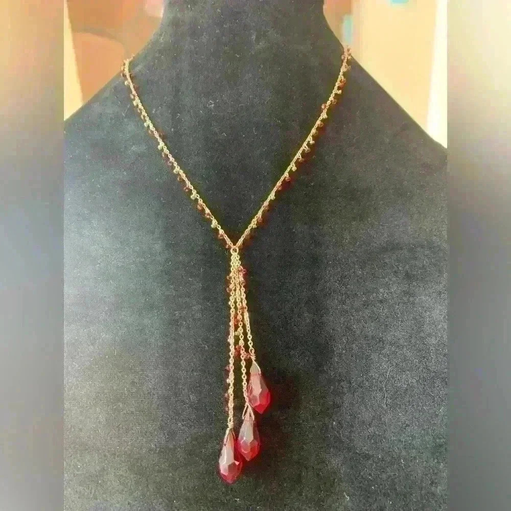 Whimsy Goth Blood Red crystal pendant, adjustable length 17” to 19 1/2” Bougie!!